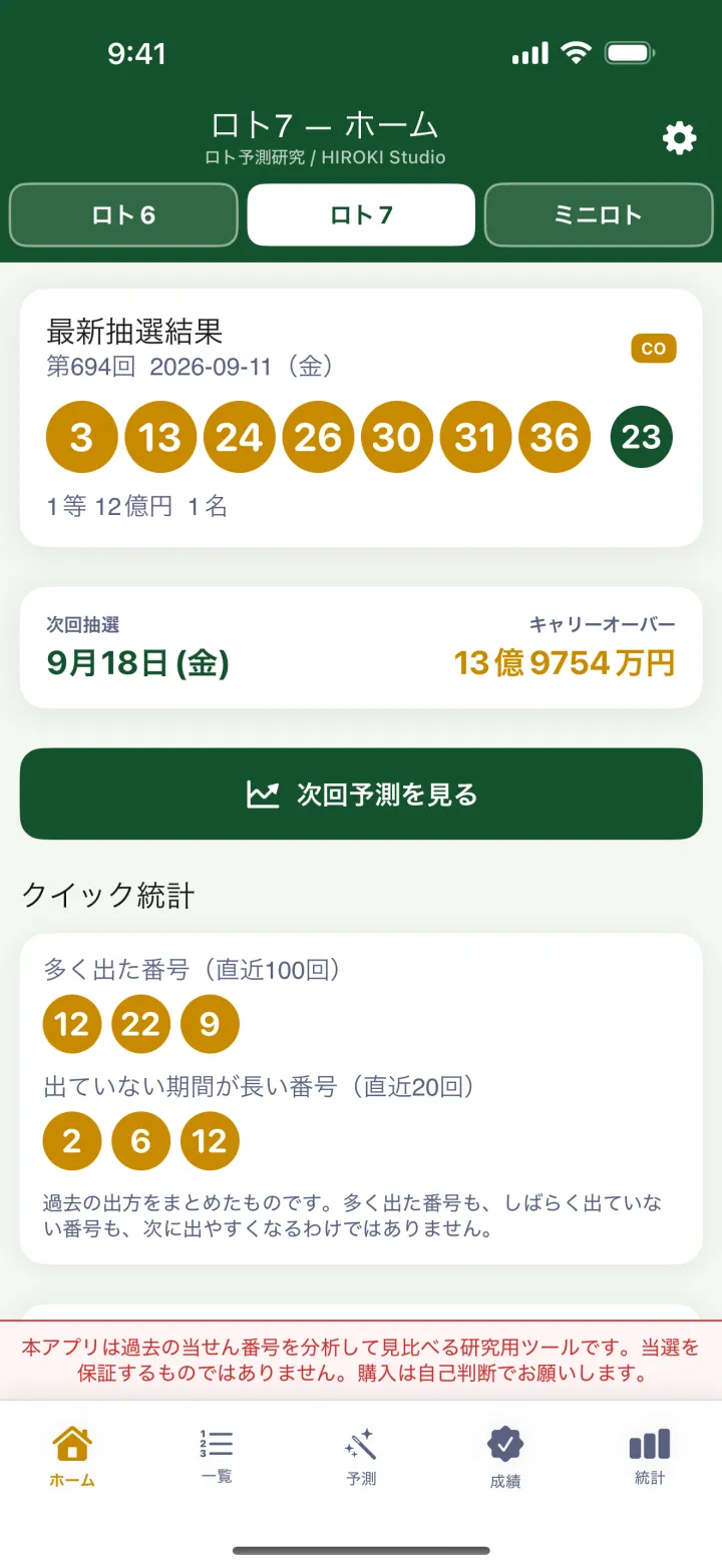 ロト7のアプリ画面：1本でロト6・ロト7・ミニロトを行き来できる