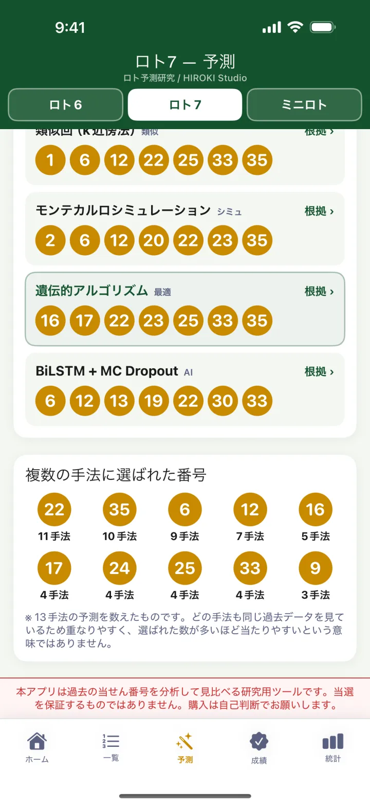 ロト7のアプリ画面：ロト7の条件は、ロト7の過去データから作る